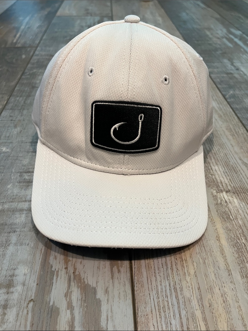 Avid White Baseball Cap with Black Fishing Hook Patch